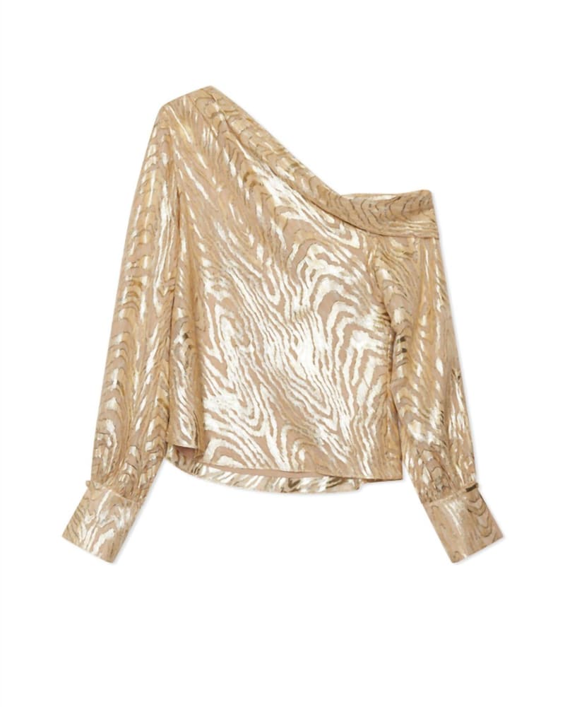 Front of a model wearing a size L Alice Blouse in Metallic Apricot in Metallic Apricot by Jonathan Simkhai. | dia_product_style_image_id:344764
